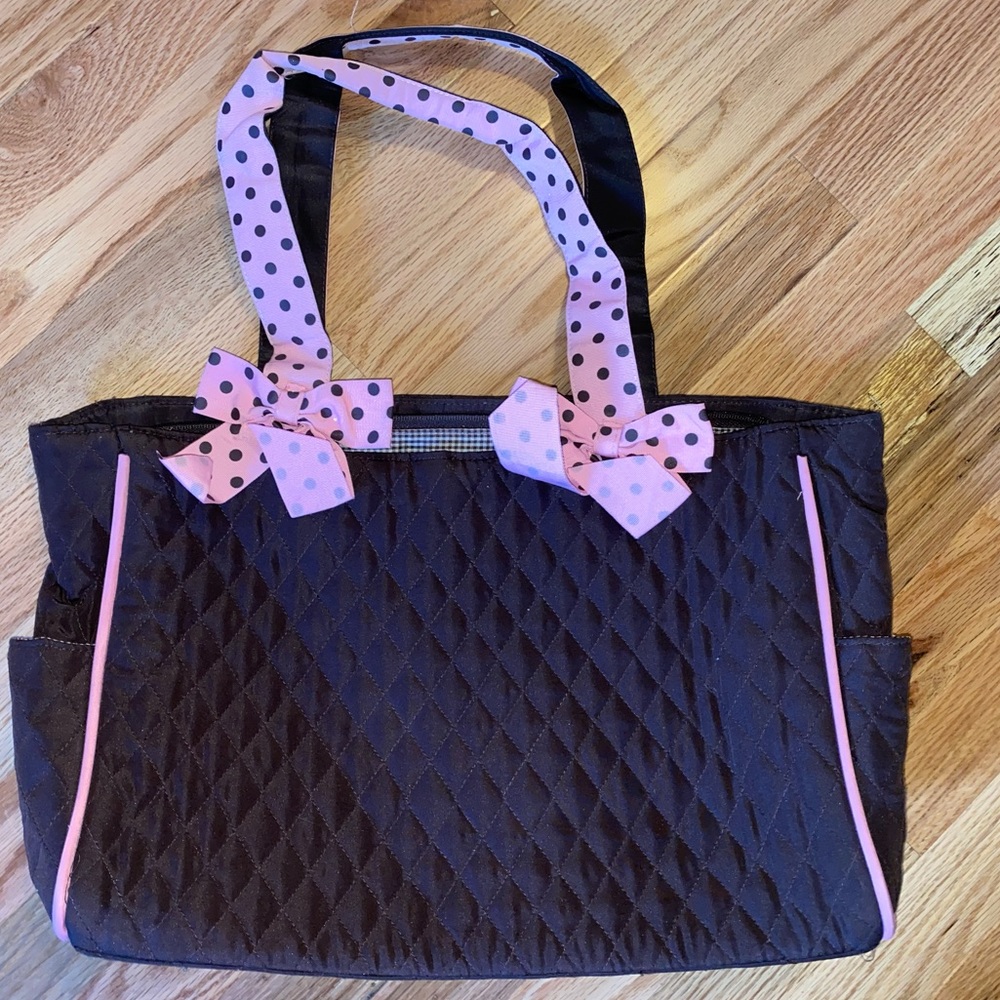 Brown w Pink Polk Dot Quilted Shoulder Bag ~ EUC